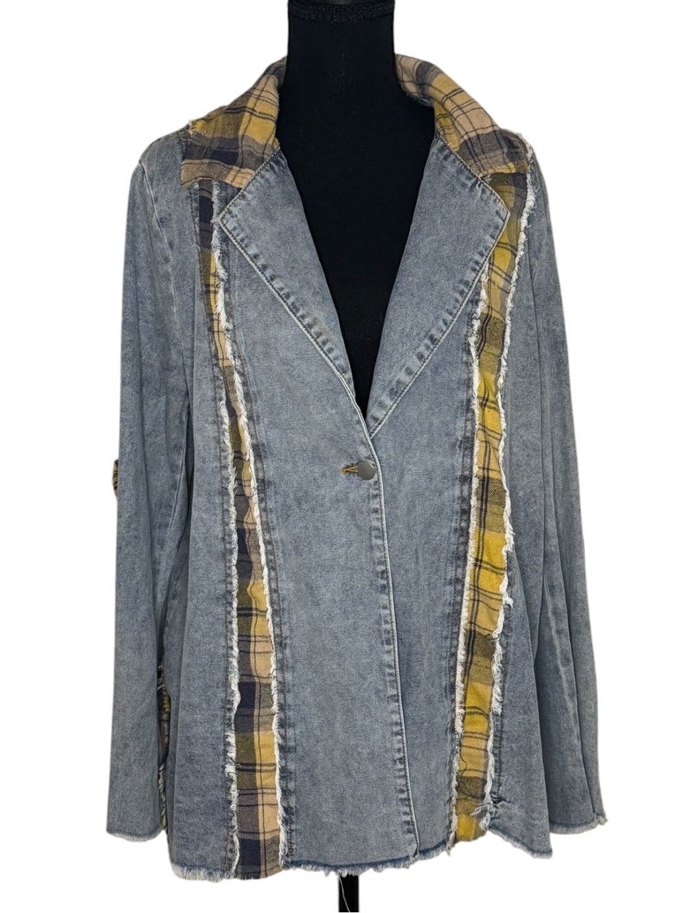 POL Plaid Sliced Denim Blazer